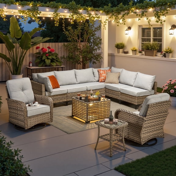 Ovios 10 Pieces Outdoor Patio Furniture All-Weather Wicker Sectional Conversation Set with Swivel Chairs & Solar Coffee Table, Gray