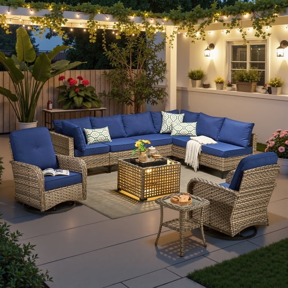 Ovios 10 Pieces Outdoor Patio Furniture All-Weather Wicker Sectional Conversation Set with Swivel Chairs & Solar Coffee Table, Navy Blue