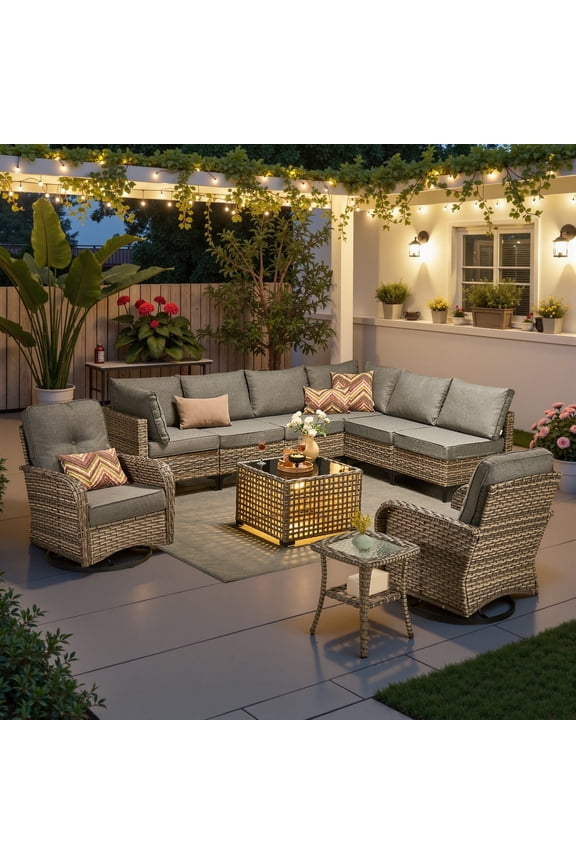 10 Pieces Outdoor Patio Furniture All-Weather Wicker Sectional Conversation Set with Swivel Chairs & Solar Coffee Table, Dark Gray