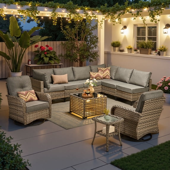 Ovios 10 Pieces Outdoor Patio Furniture All-Weather Wicker Sectional Conversation Set with Swivel Chairs & Solar Coffee Table, Dark Gray