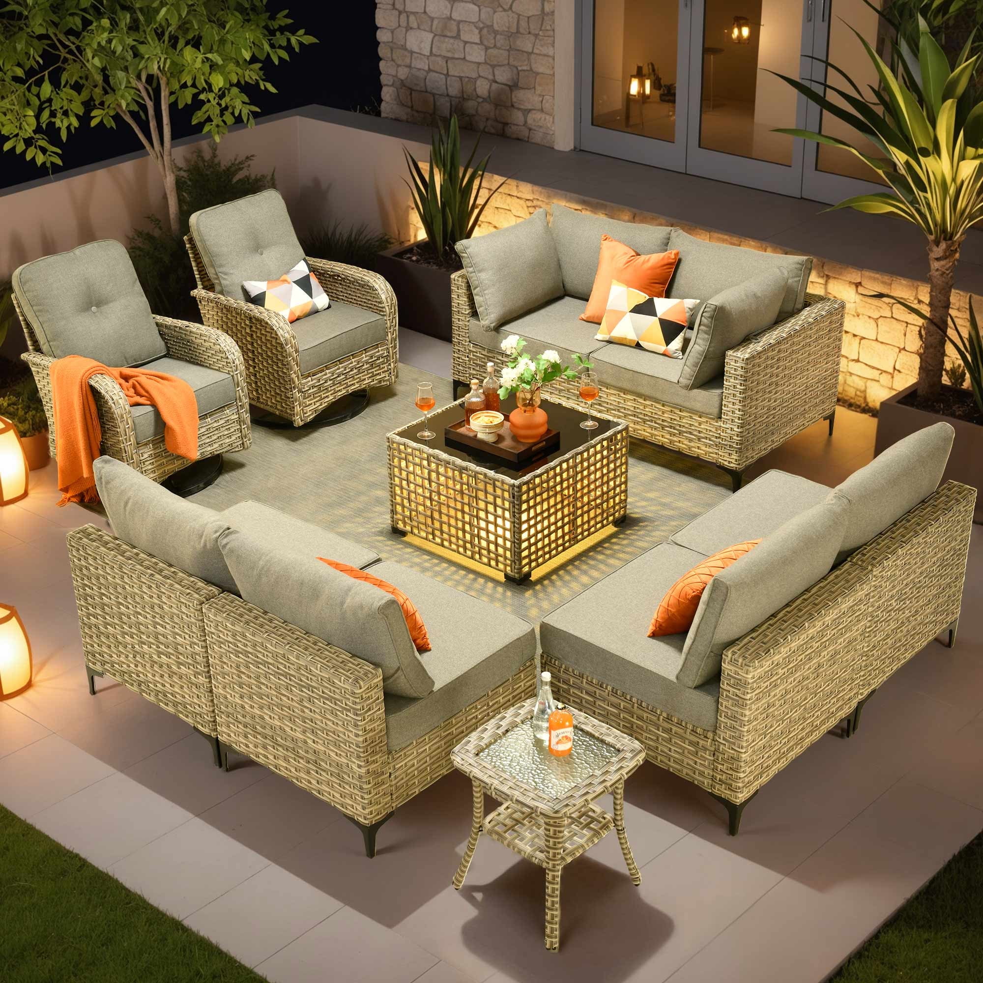 Walmart discounts of Ovios 10 Pieces Outdoor Patio Furniture Set with Swivel Chair All-Weather Wicker Conversation Set Outdoor Sectional with Solar Light Coffee Table
