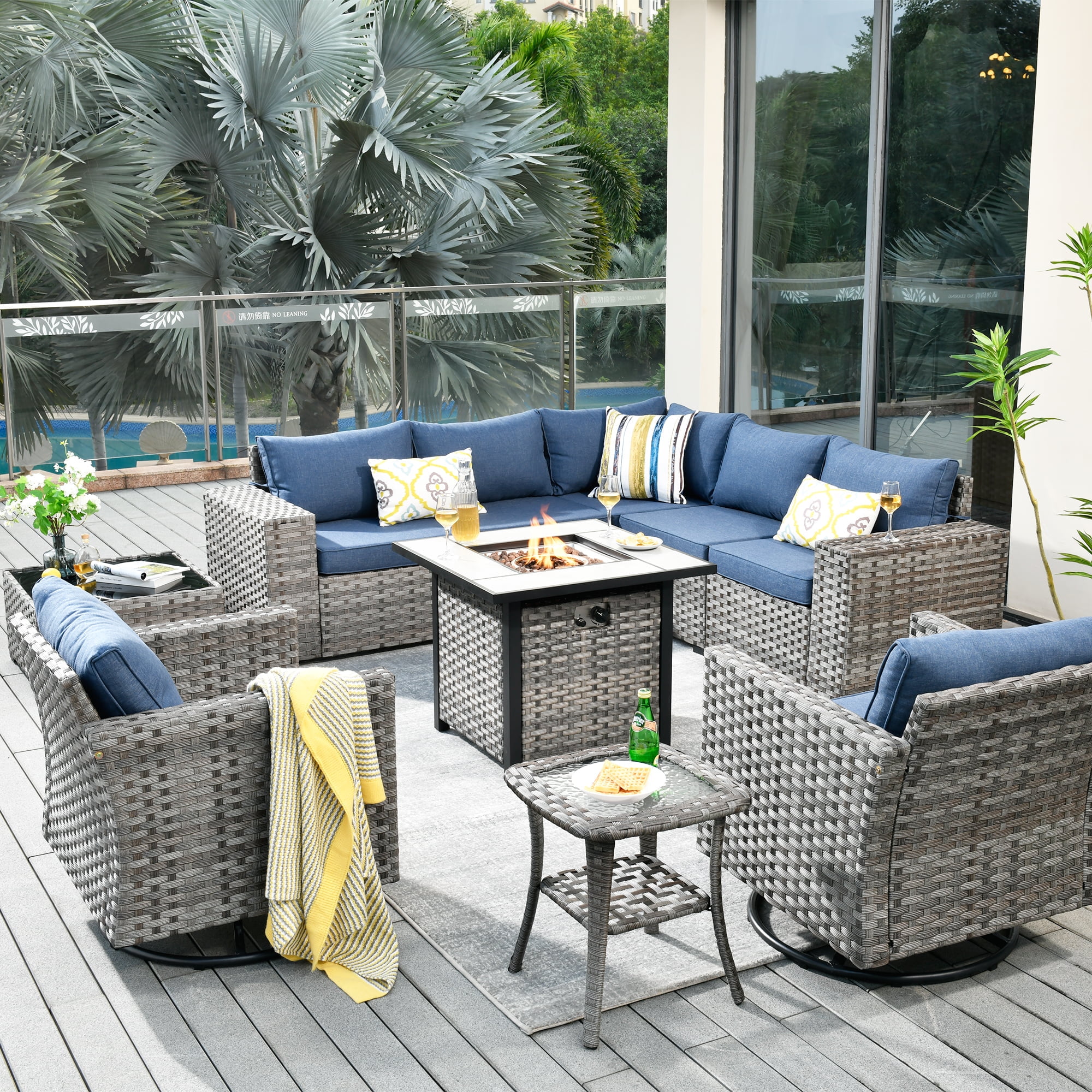 Ovios 10 Piece All Weather Wicker Patio Furniture Set with 30 inch Fire Pit Table and Swivel Chairs Walmart