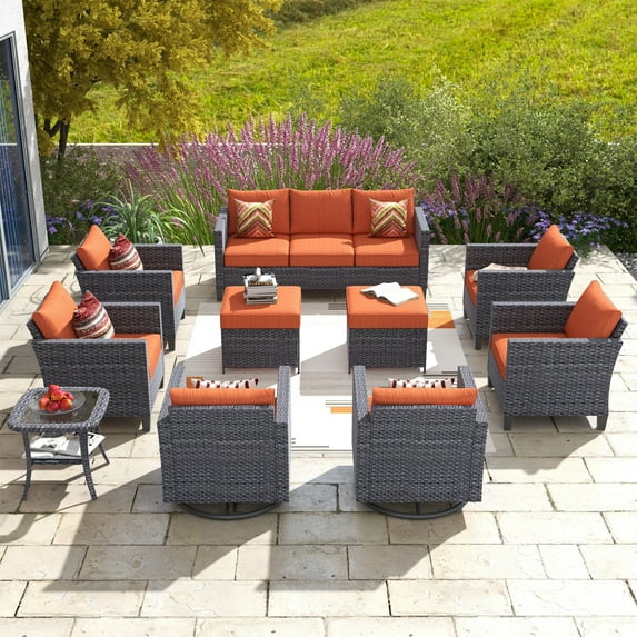 Ovios 10 Pieces Outdoor Patio Furniture with 360° Swivel Rocking Chairs All Weather Patio Sectional Sofa Set for Balcony