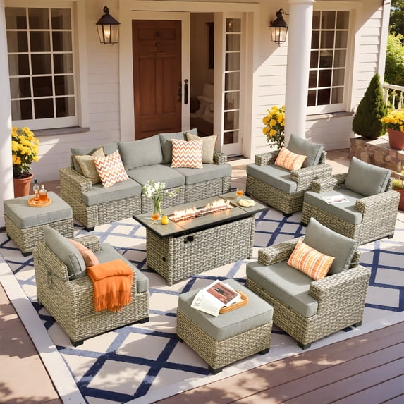 Ovios 10 Pieces Outdoor Patio Furniture with 54" Gas Fire Pit All-Weather Rattan Wicker Conversation Set Outdoor Sectionals for Garden
