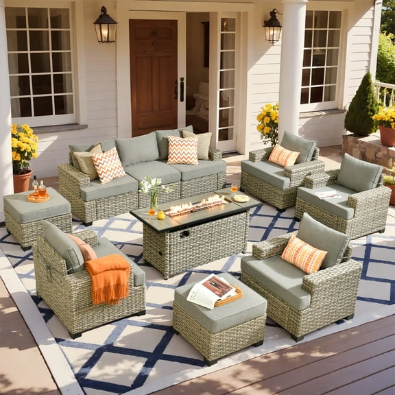 Ovios 10 Pieces Outdoor Patio Furniture with 54" Gas Fire Pit All-Weather Rattan Wicker Conversation Set Outdoor Sectionals for Garden