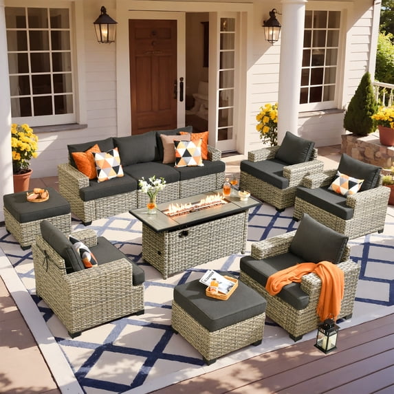 Ovios 10 Pieces Outdoor Patio Furniture with 54" Gas Fire Pit All-Weather Rattan Wicker Conversation Set Outdoor Sectionals for Garden