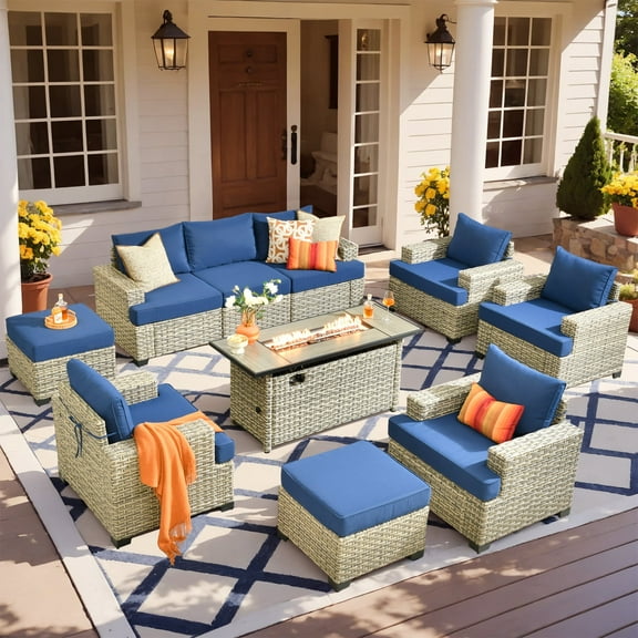 Ovios 10 Pieces Outdoor Patio Furniture with 54" Gas Fire Pit All-Weather Rattan Wicker Conversation Set Outdoor Sectionals for Garden