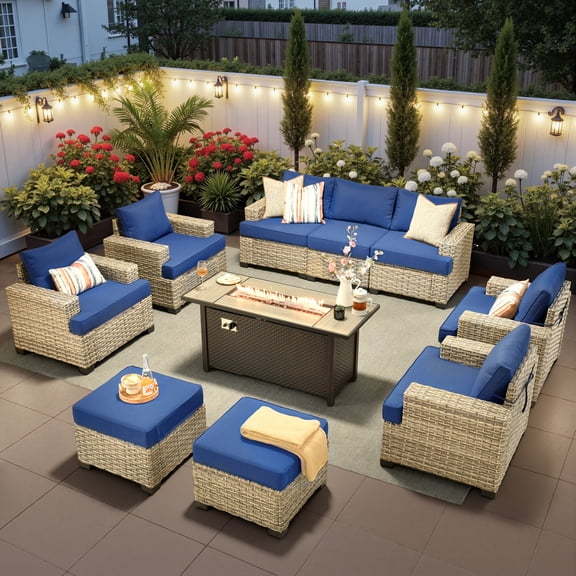 Ovios 10-Piece Outdoor Patio Furniture Set All-Weather Wicker Conversation Set with 54" Propane Fire Pit Table & Ottomans, Navy Blue