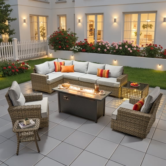 Ovios 10 Pieces Outdoor Patio Sectional Furniture with 54" Fire Pit Table All-Weather Wicker Conversation Set with Swivel Chairs,Smart Table, Gray