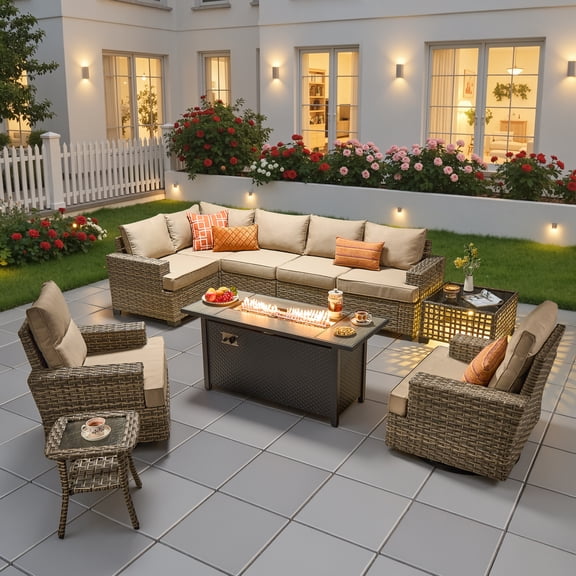 Ovios 10 Pieces Outdoor Patio Sectional Furniture with 54" Fire Pit Table All-Weather Wicker Conversation Set with Swivel Chairs,Smart Table, Beige