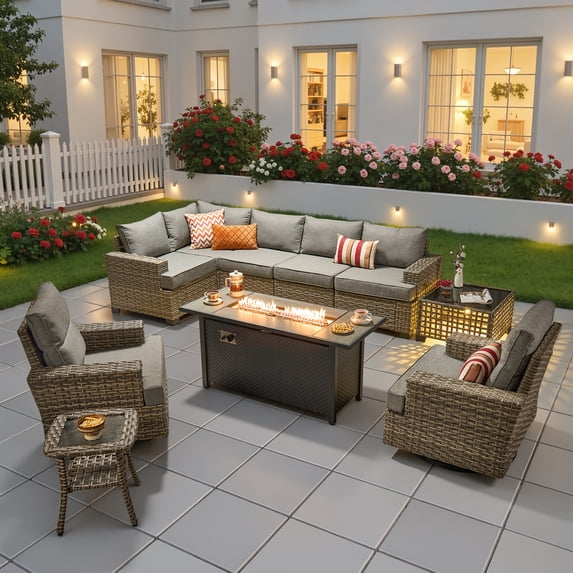 Ovios 10 Pieces Outdoor Patio Sectional Furniture with 54" Fire Pit Table All-Weather Wicker Conversation Set with Swivel Chairs,Smart Table, Dark Gray