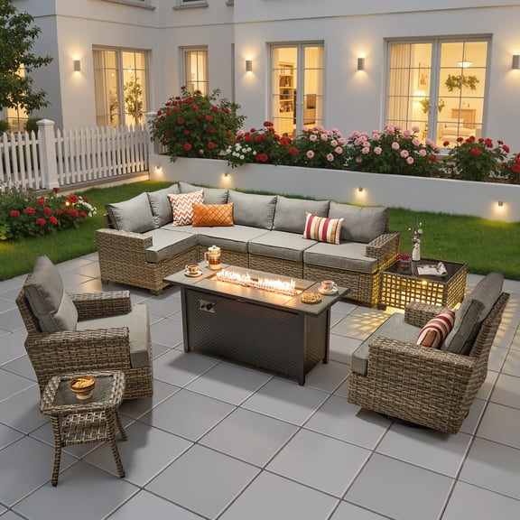 Ovios 10 Pieces Outdoor Patio Sectional Furniture with 54" Fire Pit Table All-Weather Wicker Conversation Set with Swivel Chairs,Smart Table, Dark Gray