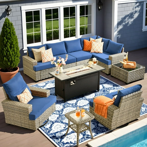 Ovios 10 Pieces Outdoor Patio Sectional Furniture with 54" Gas Propane Fire Pit Table All-Weather Rattan Wicker Conversation Set with Swivel Glider Rocking Chair and Bright Table for Backyard
