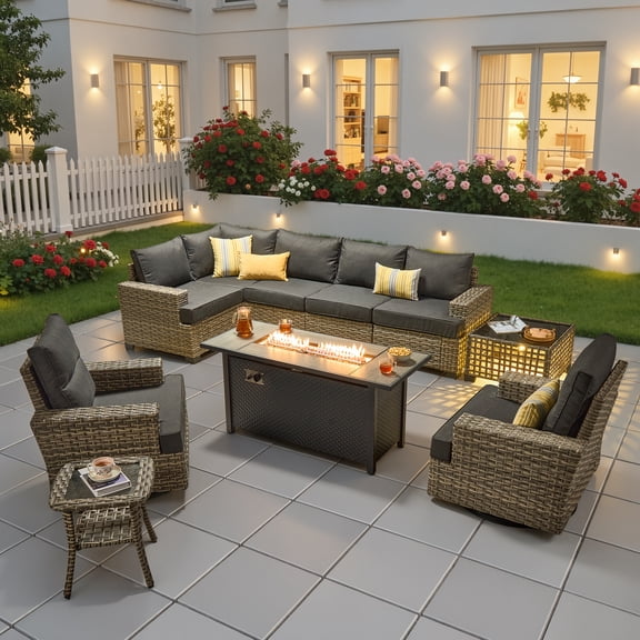Ovios 10 Pieces Outdoor Patio Sectional Furniture with 54" Fire Pit Table All-Weather Wicker Conversation Set with Swivel Chairs,Smart Table, Black