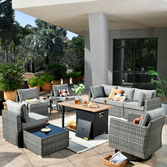 Ovios 10 Pieces Patio Fire Pit Set Outdoor Rattan Sectional Sofa Conversation Set with Swivel Rocking Chair,Dark Gray