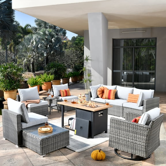 Ovios 10 Pieces Patio Fire Pit Set Outdoor Rattan Sectional Sofa Conversation Set with Swivel Rocking Chair,Gray