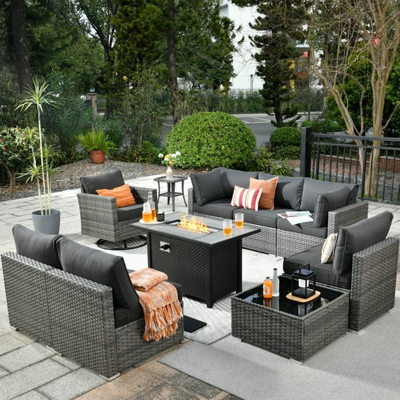Ovios 10 Pieces Patio Fire Pit Set Outdoor Wicker Sectional Sofa Conversation Set with Swivel Rocking Chair,Black