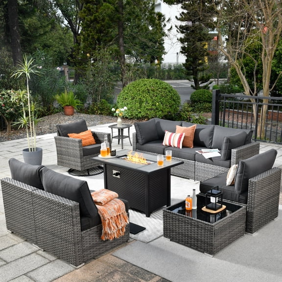 Ovios 10 Pieces Patio Fire Pit Set Outdoor Wicker Sectional Sofa Conversation Set with Swivel Rocking Chair,Black