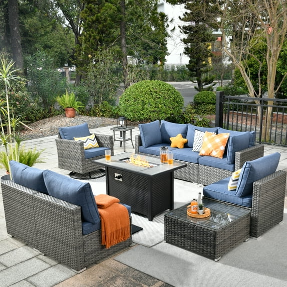 Ovios 10 Pieces Patio Fire Pit Set Outdoor Wicker Sectional Sofa Conversation Set with Swivel Rocking Chair,Denim Blue