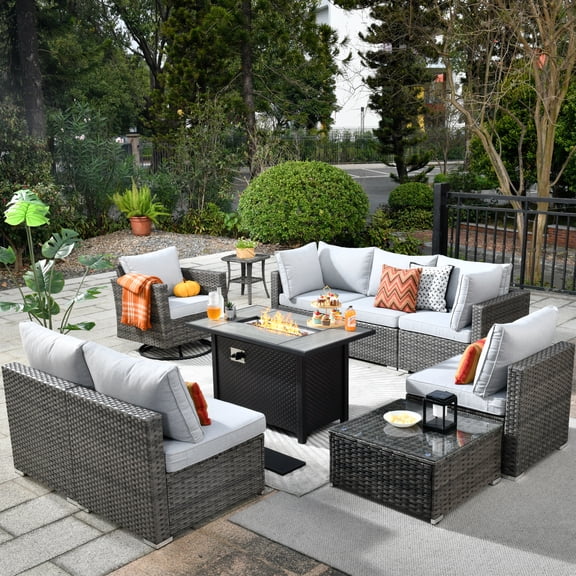 Ovios 10 Pieces Patio Fire Pit Set Outdoor Wicker Sectional Sofa Conversation Set with Swivel Rocking Chair,Gray