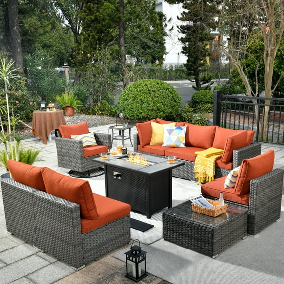 Ovios 10 Pieces Patio Fire Pit Set Outdoor Wicker Sectional Sofa Conversation Set with Swivel Rocking Chair,Orange Red