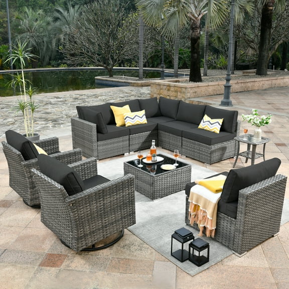 Ovios 10 Pieces Patio Glider Chair Set Outdoor Swivel Rocking Chairs with Side Table,Black