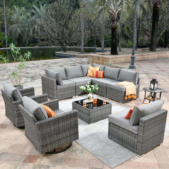 Ovios 10 Pieces Patio Glider Chair Set Outdoor Swivel Rocking Chairs with Side Table,Dark Gray