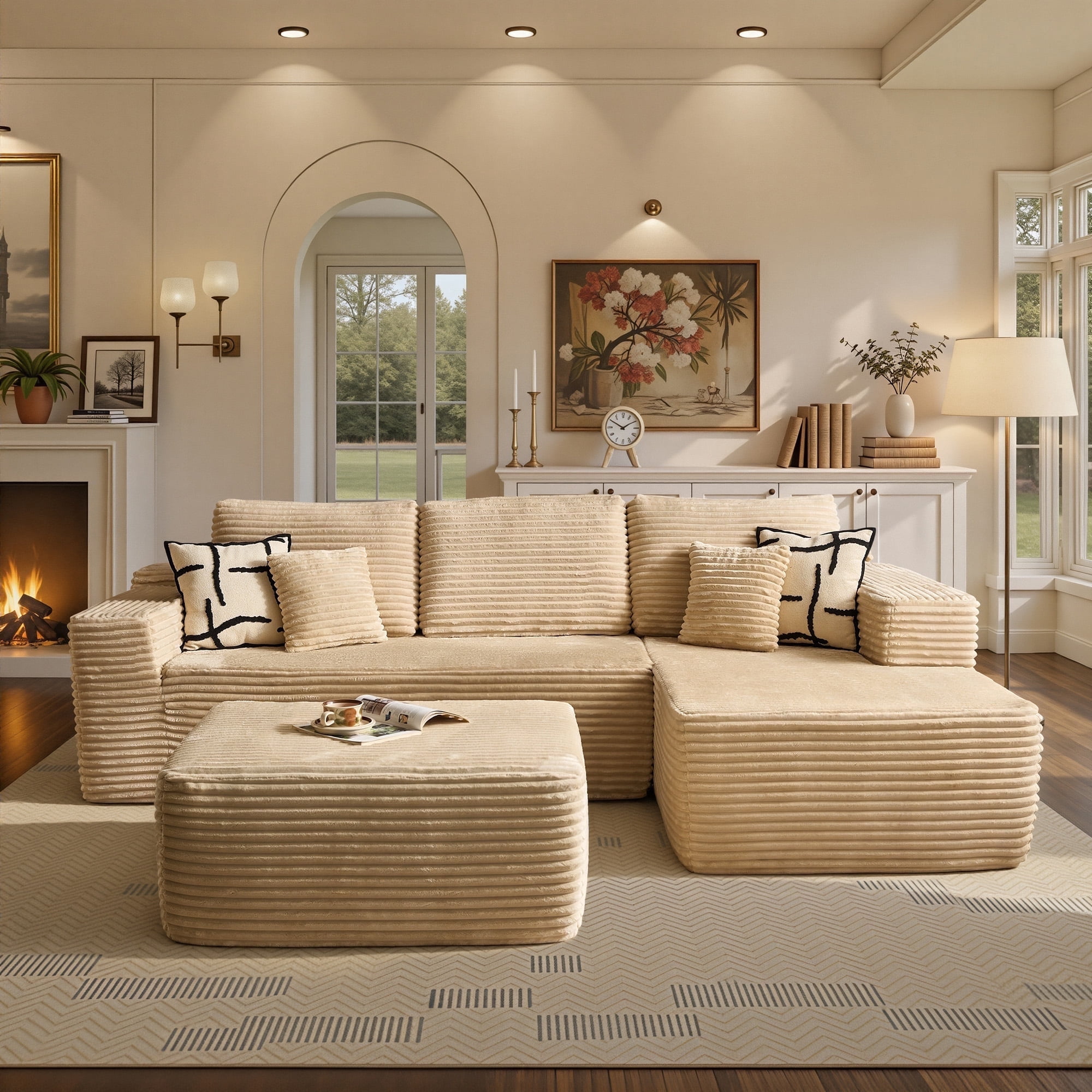 Ovios 106" Cloud Sofa Couch No Assembly Boneless Deep Seat Sofa with Ottoman for Living Room, Beige (Plush Corduroy)