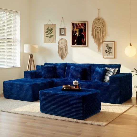Ovios 108" Boneless Couch U-Shape Cloud Modular Sectional Couch with Chaise & Ottoman, Comfy Corduroy Sofa for Living Room, Apartment, Blue