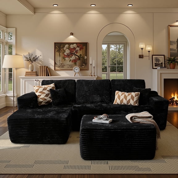 Ovios 106" Cloud Sofa Couch No Assembly Boneless Deep Seat Sofa with Ottoman for Living Room, Black (Plush Corduroy)