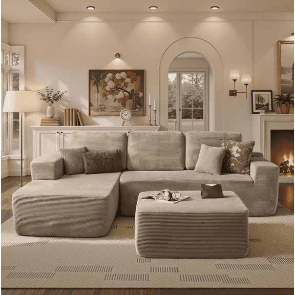 Ovios 106" Cloud Sofa Couch No Assembly Boneless Deep Seat Sofa with Ottoman for Living Room, Camel(Corduroy)