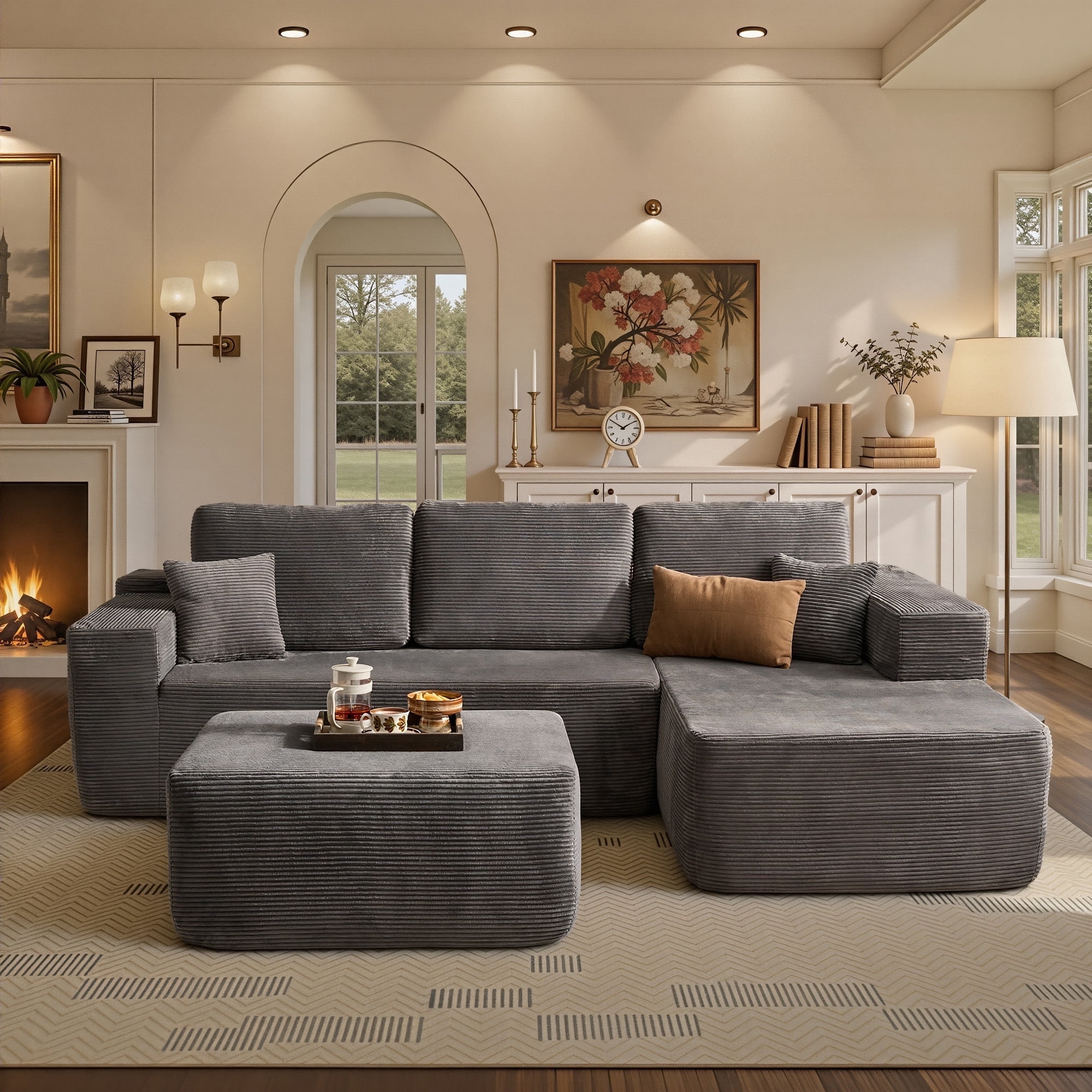 Ovios 106" Cloud Sofa Couch No Assembly Boneless Deep Seat Sofa with Ottoman for Living Room, Gray (Corduroy)