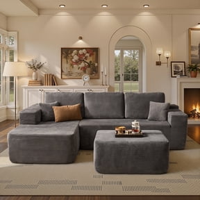 Ovios 106" Cloud Sofa Couch No Assembly Boneless Deep Seat Sofa with Ottoman for Living Room, Gray (Corduroy)