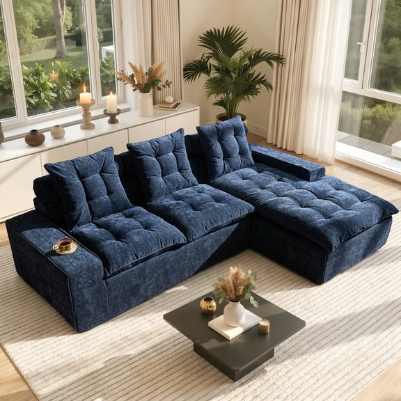 Ovios 106.3" Modern Sectional Sofa with Chaise, No Assembly Required L-Shaped Couch, Deep Seat Cloud Sofa with Tufted Cushions for Living Room, Dark Blue(Right Facing Chaise)