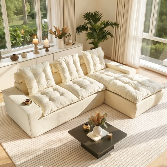 Ovios 106.3" Modern Sectional Sofa with Chaise, No Assembly Required L-Shaped Couch, Deep Seat Cloud Sofa with Tufted Cushions for Living Room, Beige(Right Facing Chaise)