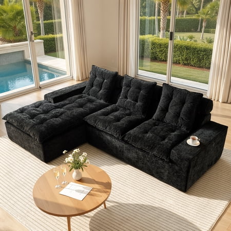 Ovios 106.3" Modern Sectional Sofa with Chaise, No Assembly Required L-Shaped Couch, Deep Seat Cloud Sofa with Tufted Cushions for Living Room, Black(Left Facing Chaise)