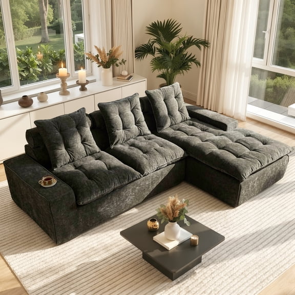 Ovios 106.3" Modern Sectional Sofa with Chaise, No Assembly Required L-Shaped Couch, Deep Seat Cloud Sofa with Tufted Cushions for Living Room, Dark Gray(Right Facing Chaise)