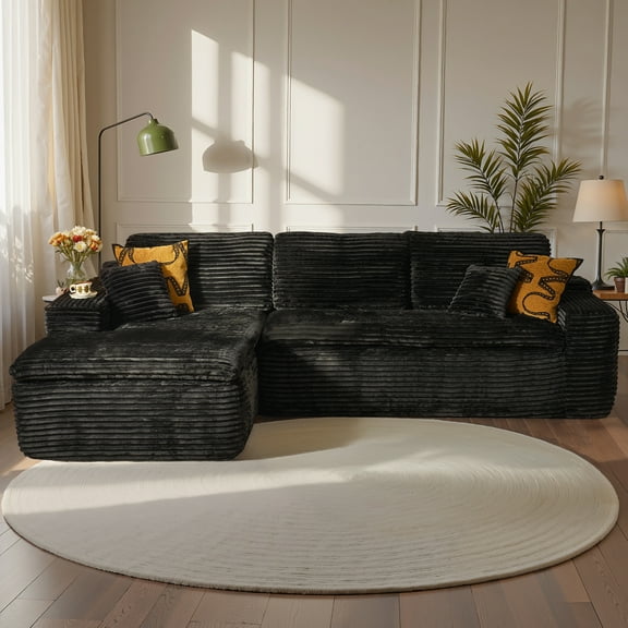 Ovios 105" Modular Sectional Sofa Deep Seat Cloud Couch L-Shaped Plush Corduroy Sofa with Chaise Modern Upholstered Couch for Living Room Bedroom No Assembly Required(Left Facing Chaise, Black)