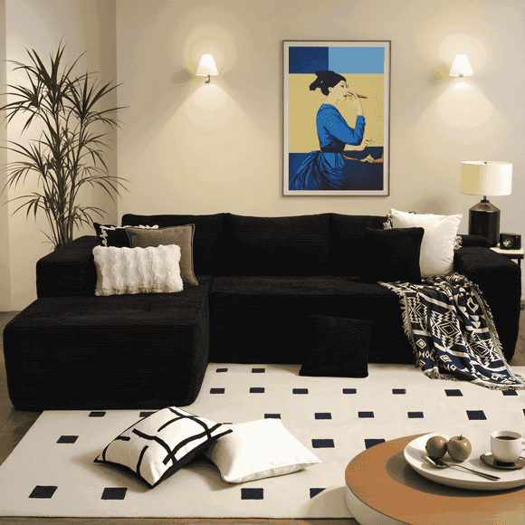 Ovios 106" L-Shaped Sectional Sofa Modern Modular Cloud Couch with Deep Seating Upholstered Sofa for Living Room Bedroom, No Assembly Required, Black(Corduroy)