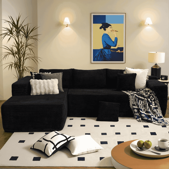 Ovios 104" Oversized L-Shaped Sectional Sofa Modern Modular Cloud Couch with Deep Seating Upholstered Sofa for Living Room Bedroom, No Assembly Required, Black(Corduroy)