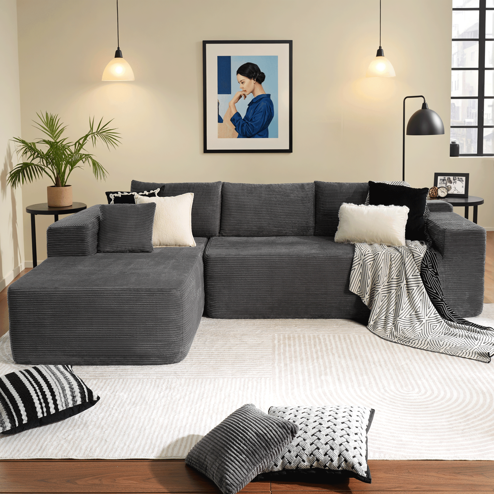Ovios 106 Cloud Sectional Couch with L Shape Chaise Modern Comfy Modular Corduroy Sofa for Living Room No Assembly Required Black