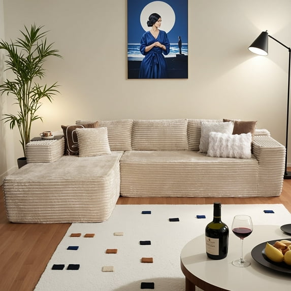 Ovios 106" Oversized L-Shaped Sectional Sofa Modern Modular Cloud Couch with Deep Seating Upholstered Sofa for Living Room Bedroom, No Assembly Required, Beige (Plush Corduroy)