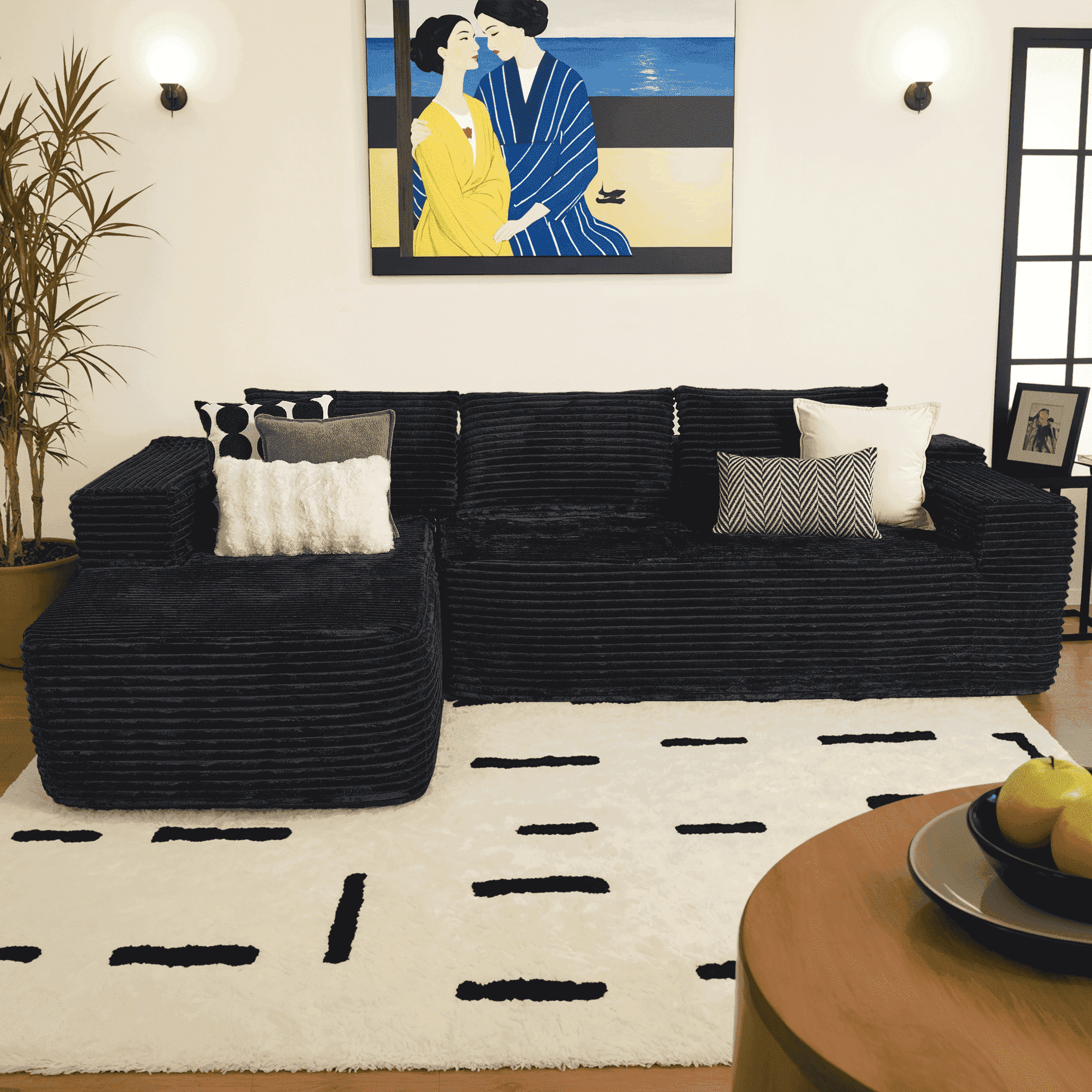 Ovios 106 Cloud Sectional Couch with L Shape Chaise Modern Comfy Modular Corduroy Sofa for Living Room No Assembly Required Black