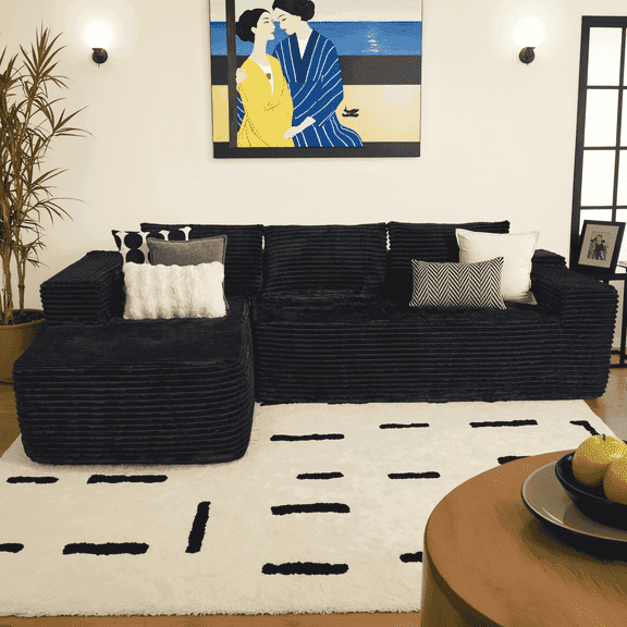 Ovios 106" Cloud Sofa Couch No Assembly Boneless Deep Seat Sofa for Living Room, Black(Plush Corduroy)