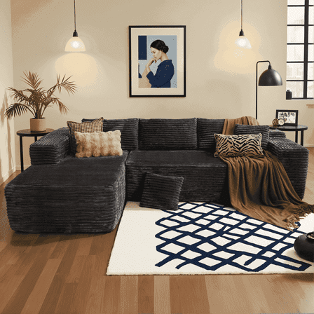 Ovios 106" Cloud Sofa Couch No Assembly Boneless Deep Seat Sofa for Living Room, Gray(Plush Corduroy)