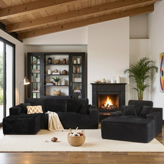 Ovios 106" Modular Cloud Couch Oversized Deep Seat Plush Corduroy Sectional Sofa with Lounge Chair for Living Room, No Assembly, Black