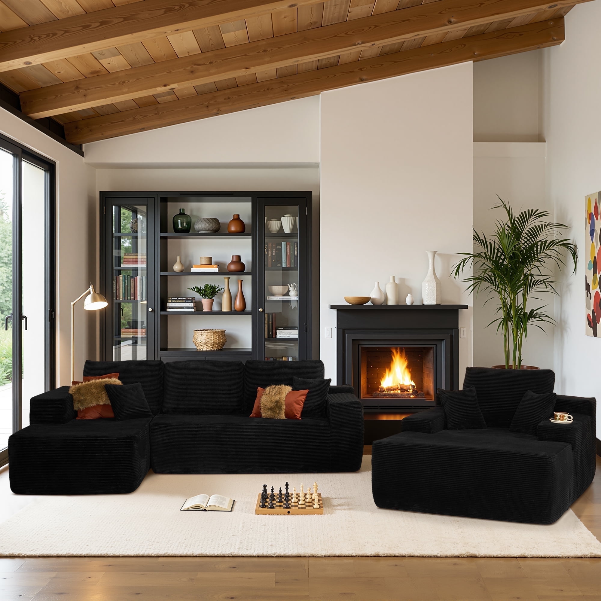 Ovios 106" Modular Cloud Couch Oversized Deep Seat Corduroy Sectional Sofa with Lounge Chair for Living Room, No Assembly, Black