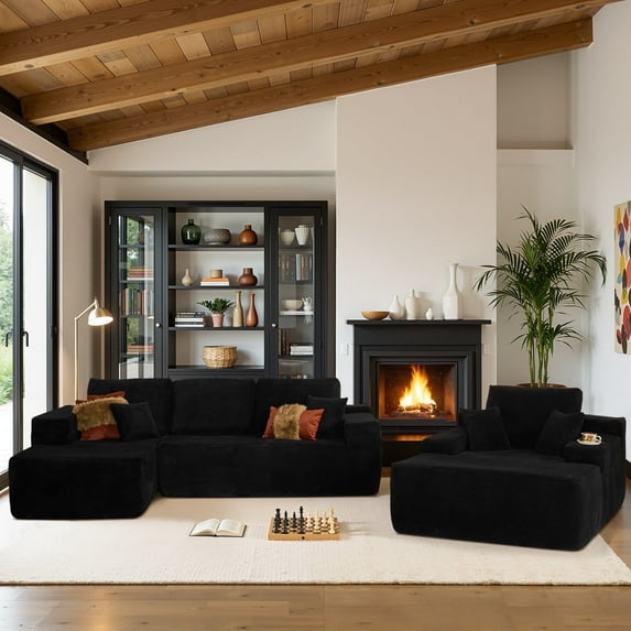 Ovios 106" Modular Cloud Couch Oversized Deep Seat Corduroy Sectional Sofa with Lounge Chair for Living Room, No Assembly, Black