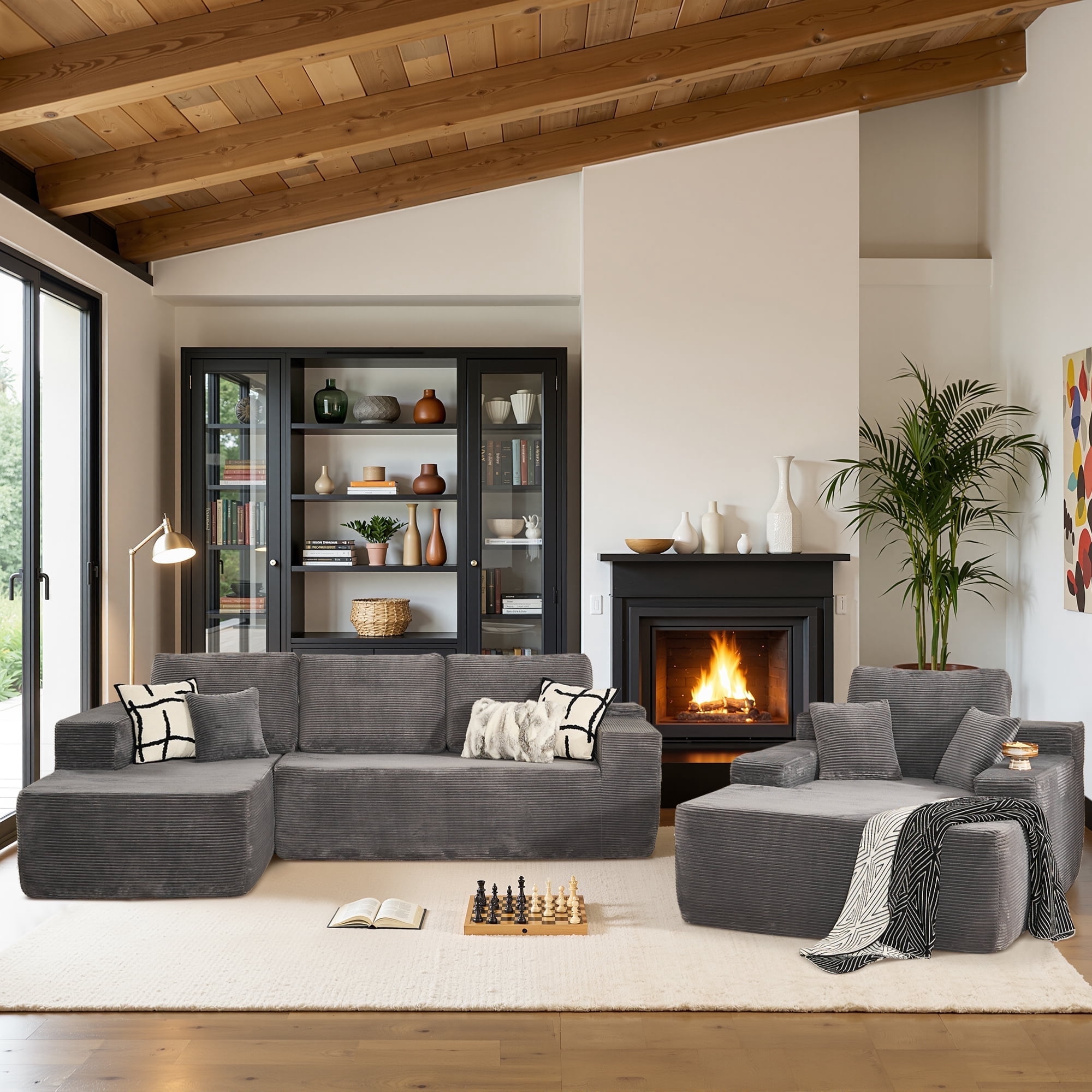 Ovios 106" Modular Cloud Couch Oversized Deep Seat Corduroy Sectional Sofa with Lounge Chair for Living Room, No Assembly, Gray
