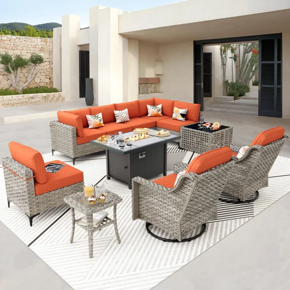 Ovios 11 Pieces Outdoor Patio Furniture Set with Gas Propane Firepit Table Wicker Outdoor Conversation Set with Swivel Rocking Chair & Solar Lamps Coffee Table